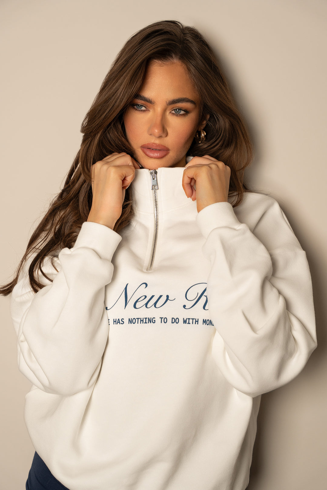 'The New Rich' Quarter Zip Sweater 'Off White & Navy'