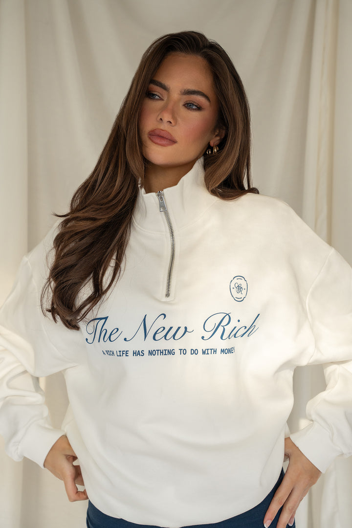 'The New Rich' Quarter Zip Sweater 'Off White & Navy'