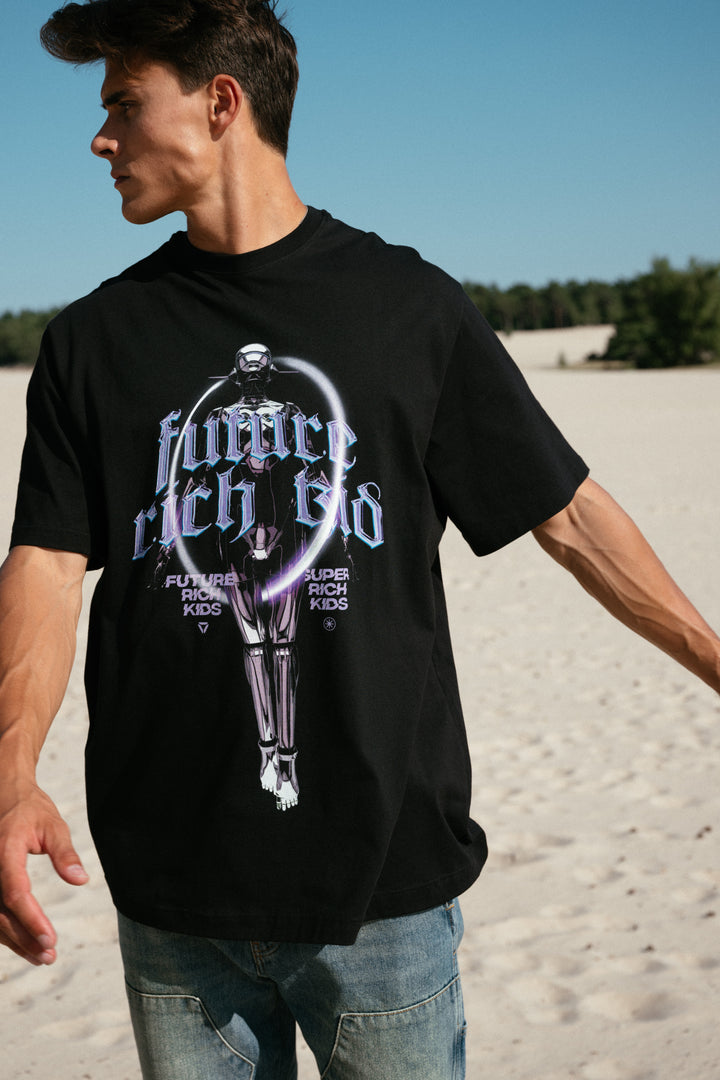 T-Shirt 'Future Rich Kid' Zwart met paars