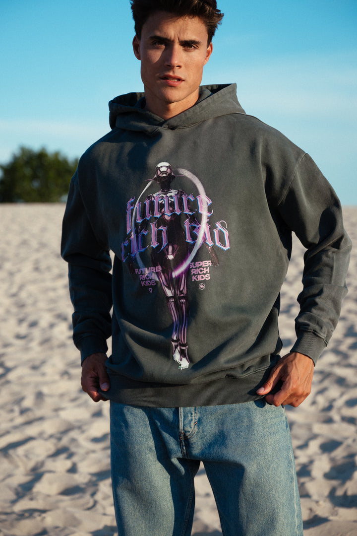 Hoodie 'Future Rich Kid' Acid Wash Grey met paars
