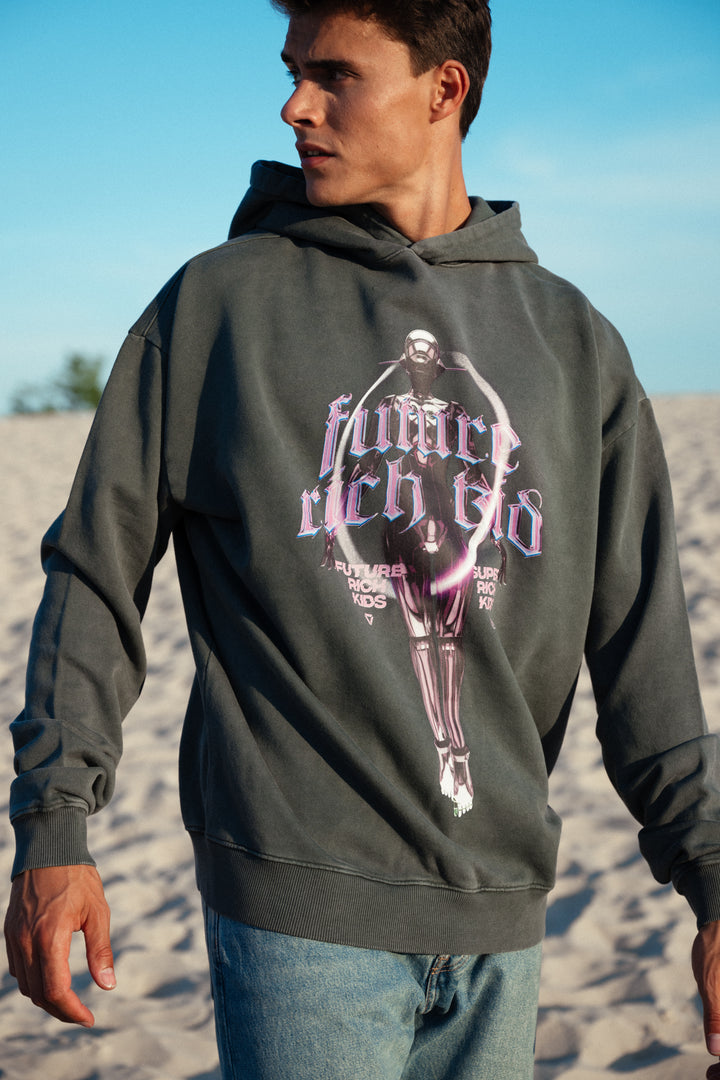 Hoodie 'Future Rich Kid' Acid Wash Grey met paars