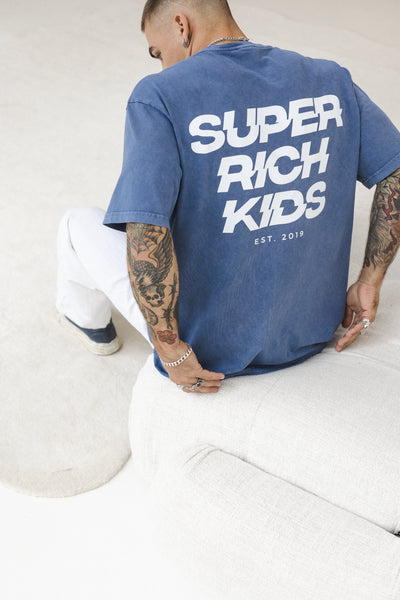 T-Shirt 'Super Rich Kids' Acid Wash Blauw