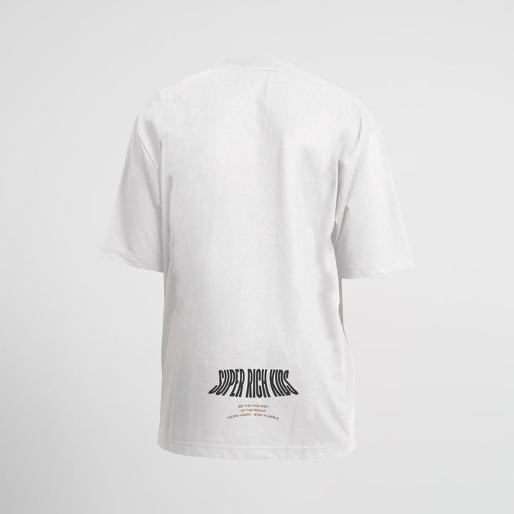 T-Shirt 'Highest in the Room' wit met geel